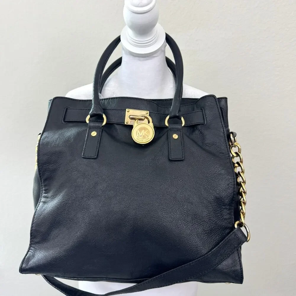 Michael Kors Womens Hamilton Satchel Handbag Leather Goldtone Lock Classic Black
